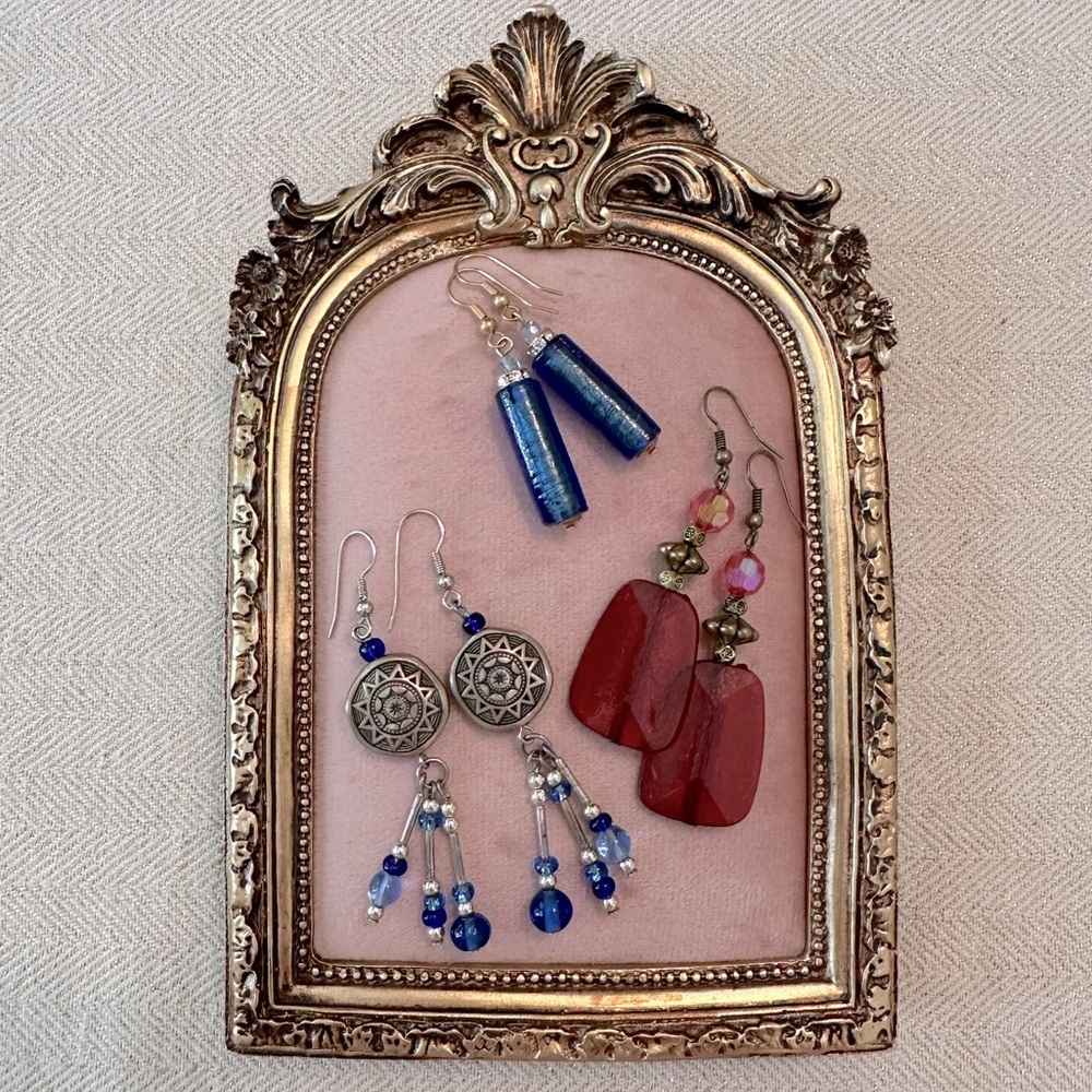 Blue and Red Earring Bundle Set of 3 Bohemian Style Boho Burnished Gold Tone - Picture 6 of 12